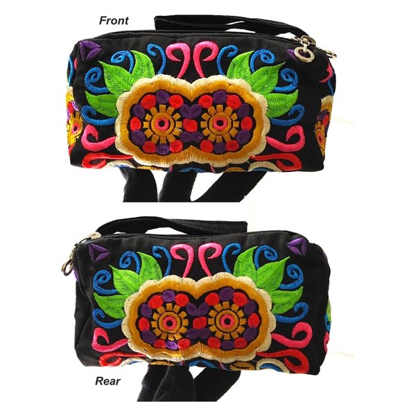 Embroidery Black Wristlet 3-Layer Zipper Geo Floral Fabric Gold Red Pouch Lined - Picture 2 of 10